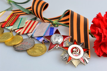 Red flower  with Saint George ribbon and military awards
