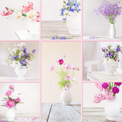 collage of flowers in a white vase