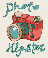 hipster photo camera, vector illustration, hand drawn