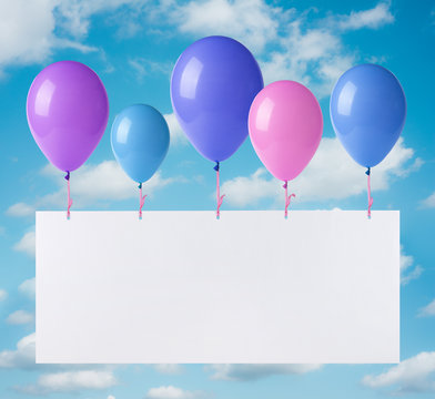 Flying balloons banner on heaven background