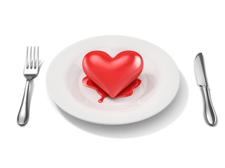 Fototapeta na wymiar 3d red heart on a plate - breakup 3d concept