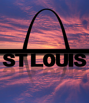 St Louis skyline reflected with text and sunset illustration