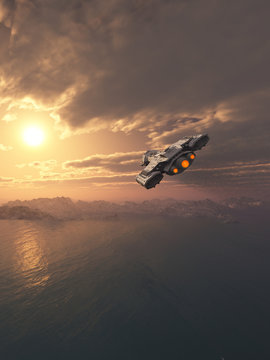 Spaceship Flying at Sunset