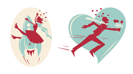 Happy valentines day cards with man, woman, rocket and hearts