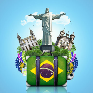 Brazil, Brazil landmarks, travel and retro suitcase