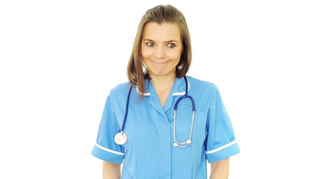 Unhappy, serious female doctor looking at camera, isolated