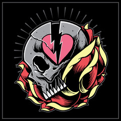 Skull heart break and rose vector