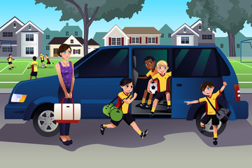 Mother driving kids to soccer practice