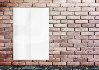 Template- White Crumple Poster on grunge brick wall & footpath g