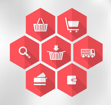 red exagonal icons for e-shop, suitable for flat design