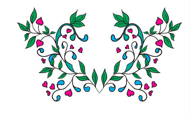 Vector ornament with green leaves and hearts