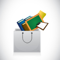 education icons inside a shopping bag.