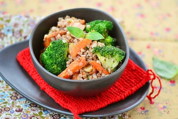 buckwheat groat  with carrot bacon, and broccoli