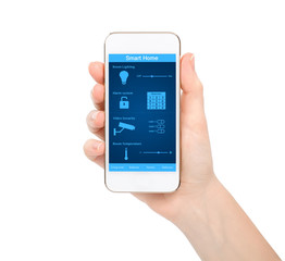 isolated woman hand holding the phone with system smart house