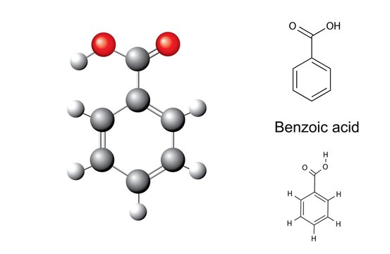 Structural chemical formulas and model of benzoic acid