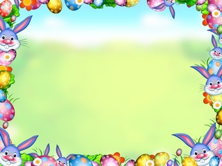 easter bunnies with eggs and flowers frame