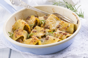 Italian Pasta Mezzi Paccheri Filled with Minced Meat