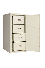 Locked closed grey safe on white