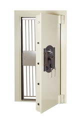 Locked closed grey safe on white