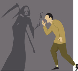 Grim Reaper giving a light to a man with a cigarette