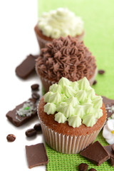 Tasty cupcakes with butter cream,on color napkin, isolated