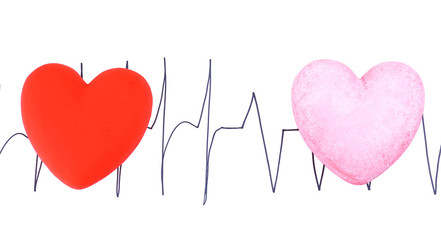 Hearts on cardiogram background, isolated on white