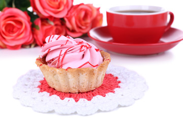 Tasty cake on table close-up