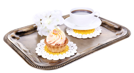 Tasty cake on tray isolated on white