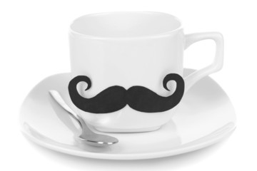 Cup with mustache isolated on white