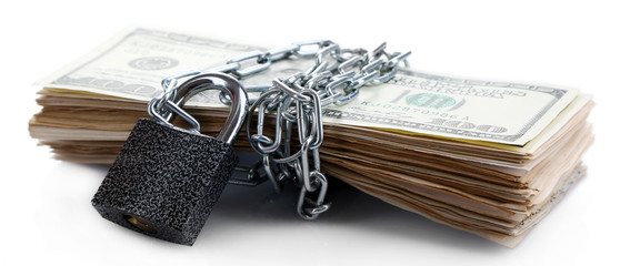 Dollars currency with lock and chain isolated on white