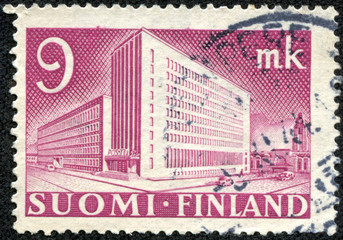 stamp printed by Finland, shows Helsinki Post Office