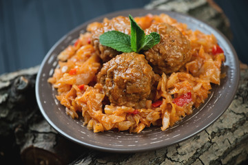 Braised cabbage with meatballs, horizontal shot
