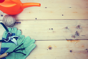 Gardening background with  tools on woods