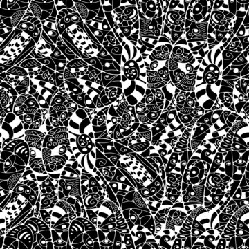 Seamless abstract hand-drawn  leaves pattern. ..Black and white.