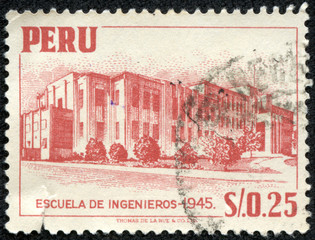 stamp printed in Peru shows National University of Engineering