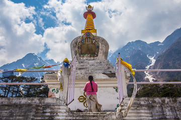 White stupa at Yumthang Valley in Lachung, North Sikkim, India.
