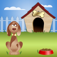 Dog in garden with dog's bed