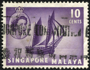 stamp printed in Singapore with image of a sailing boat