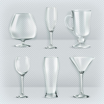 Set of transparent glasses goblets, vector
