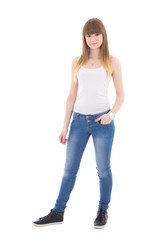 teenage girl in white t-shirt posing isolated on white