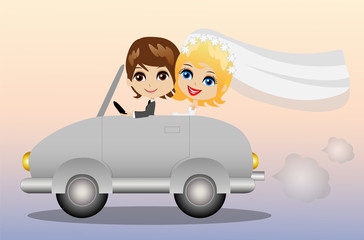 beautiful groom with fiancee go in a wedding trip on a car