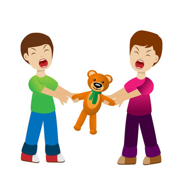 two boys divide a toy bear cry