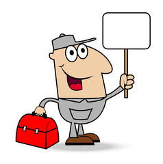 man locksmith with  a gripsack and clean banner in hands