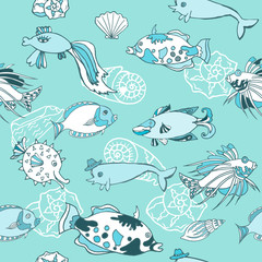 Blue Seamless pattern  with  fishes and cockleshells