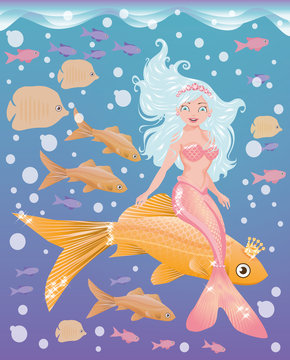 Young mermaid girl with golden fish, vector
