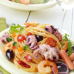 Seafood spaghetti marinara pasta dish