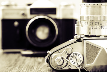 Detail view of classic cameras in monochrome