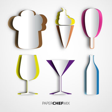 Paper cut chef mix, hat, icecream, cup and bottle, menu design b