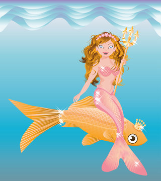 Little mermaid girl with trident, vector illustration