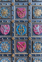 Vintage door. Entrance to the cathedral at Vysehrad, Prague.